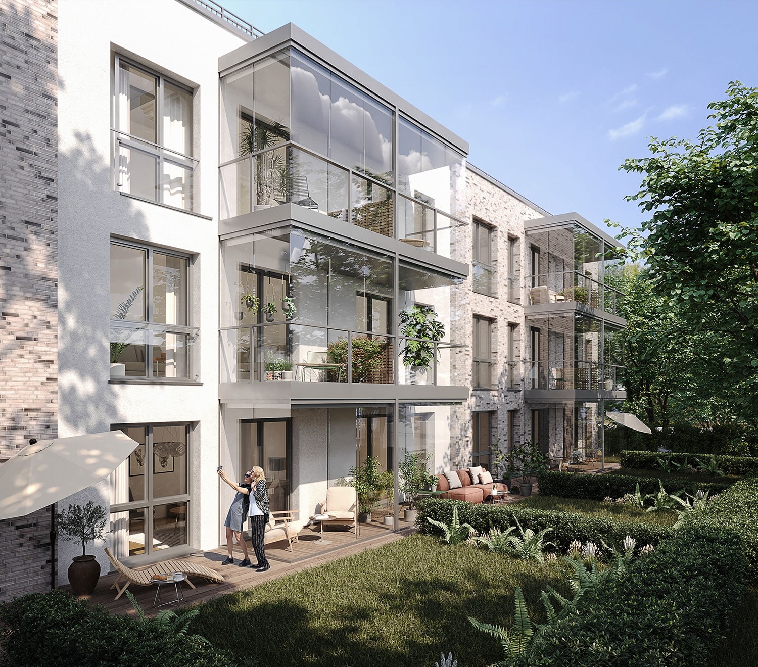 Exterior-Visualisierung in 3D von Strawberry Studio – Mehrfamilienhaus mit Klinkerfassade in fotorealistischer Darstellung