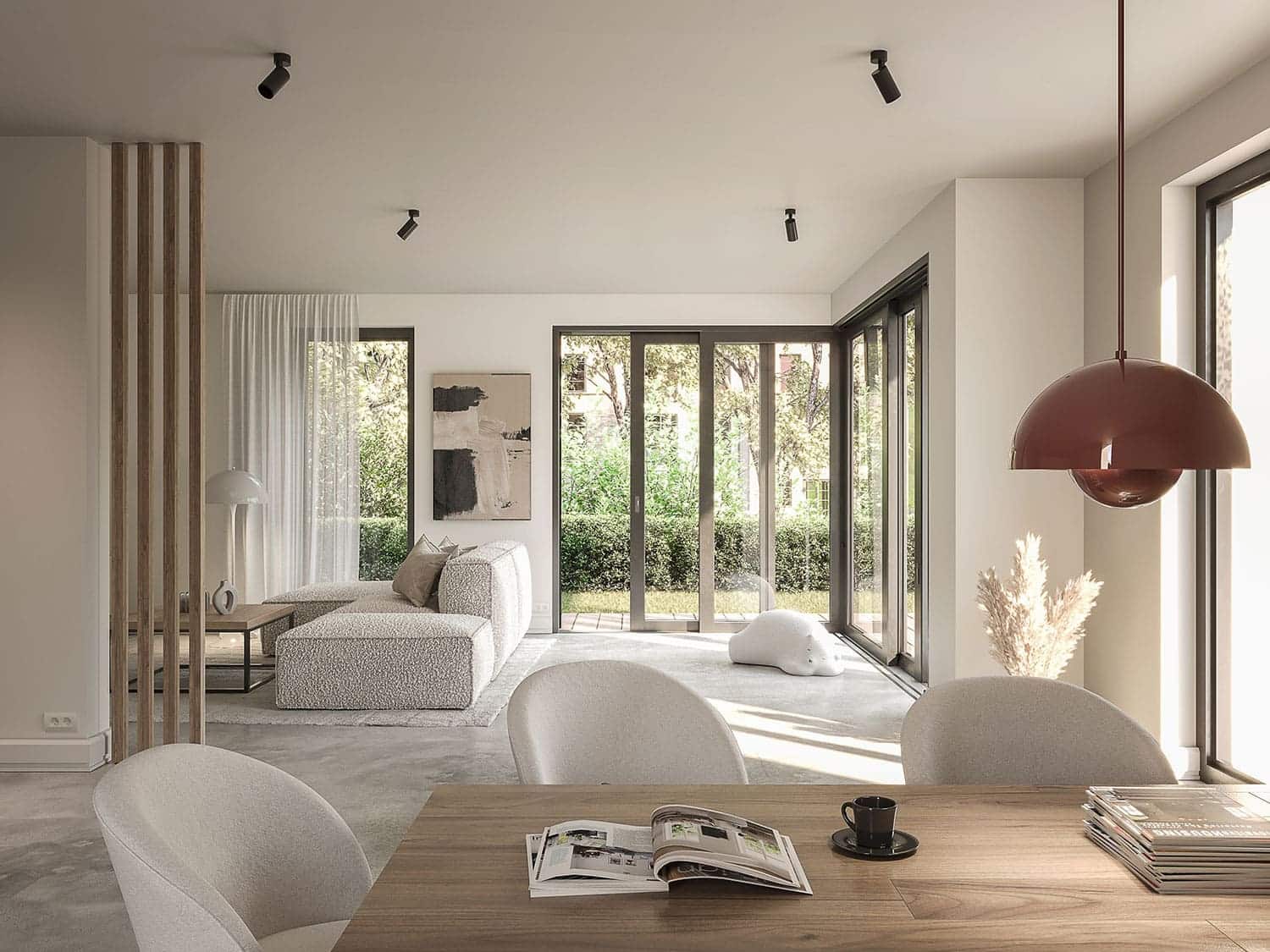 Interior-Visualisierung in 3D von Strawberry Studio – modernes Wohnzimmer in fotorealistischer Darstellung