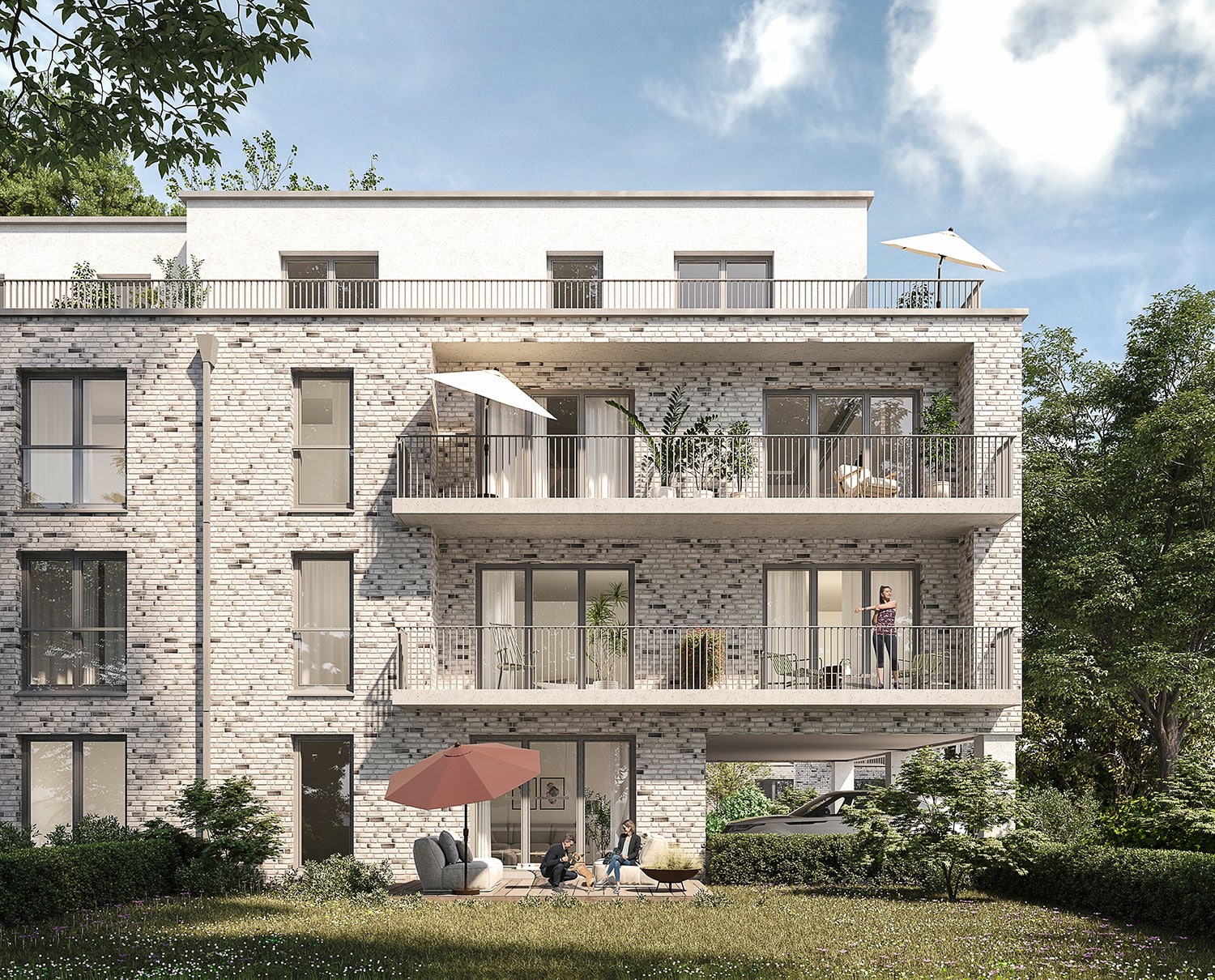 Exterior-Visualisierung in 3D von Strawberry Studio – Mehrfamilienhaus mit Klinkerfassade in fotorealistischer Darstellung