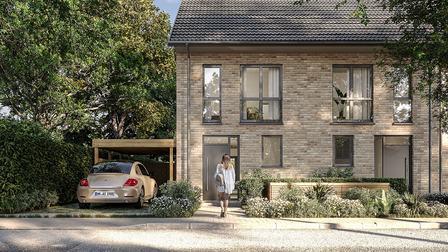 Exterior-Visualisierung in 3D von Strawberry Studio – Mehrfamilienhaus mit Klinkerfassade in fotorealistischer Darstellung