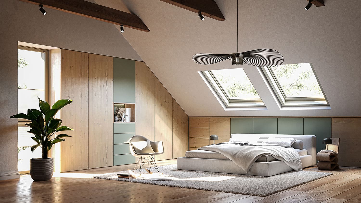 Interior-Visualisierung in 3D von Strawberry Studio – modernes Schlafzimmer in fotorealistischer Darstellung