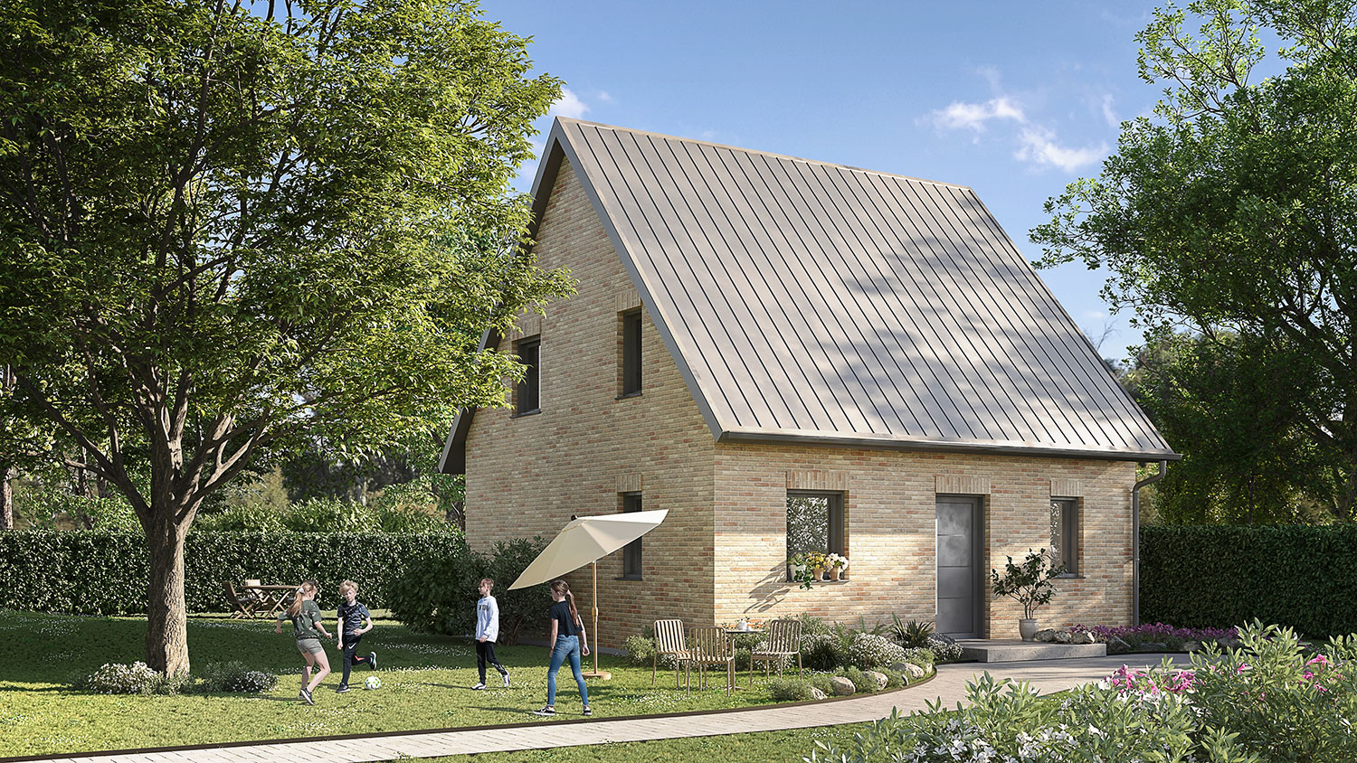 Exterior-Visualisierung in 3D von Strawberry Studio – modernes Einfamilienhaus mit Klinkerfassade in fotorealistischer Darstellung