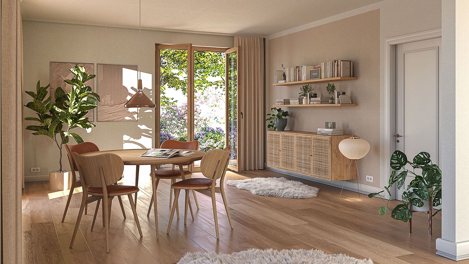 Interior-Visualisierung in 3D von Strawberry Studio – modernes Wohnzimmer in fotorealistischer Darstellung
