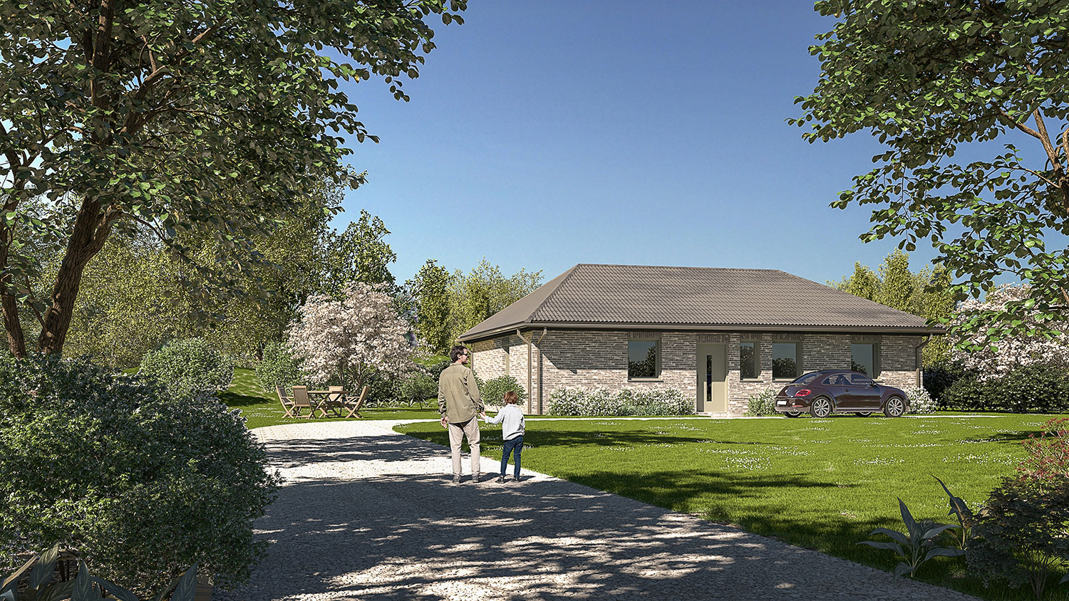 Exterior-Visualisierung in 3D von Strawberry Studio – modernes Einfamilienhaus mit Klinkerfassade in fotorealistischer Darstellung