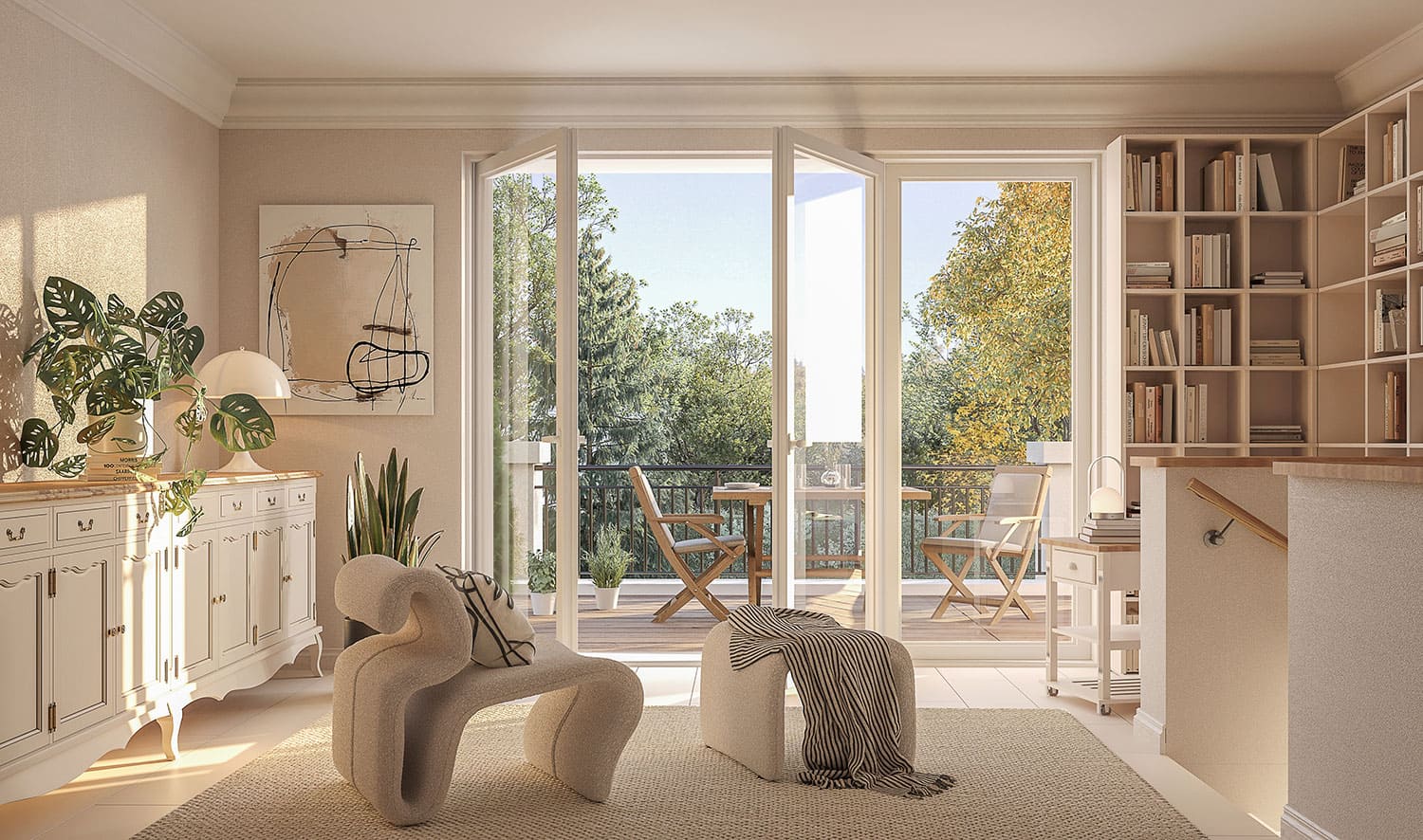 nterior-Visualisierung in 3D von Strawberry Studio – moderne Bibliothek mit Blick auf den Balkon in fotorealistischer Darstellung