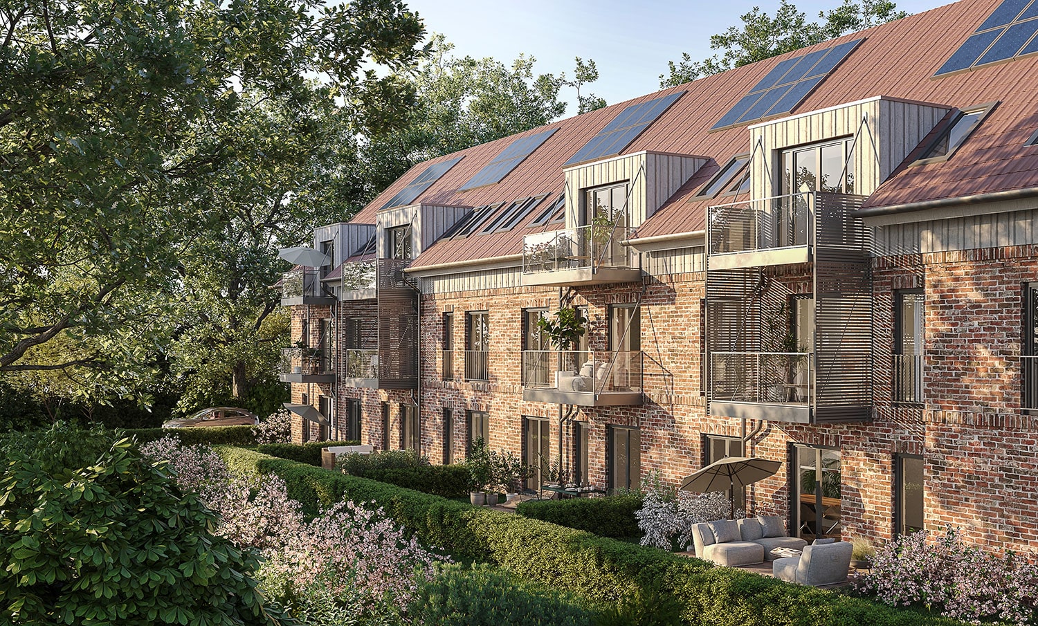 Exterior-Visualisierung in 3D von Strawberry Studio – Mehrfamilienhaus mit Klinkerfassade in fotorealistischer Darstellung