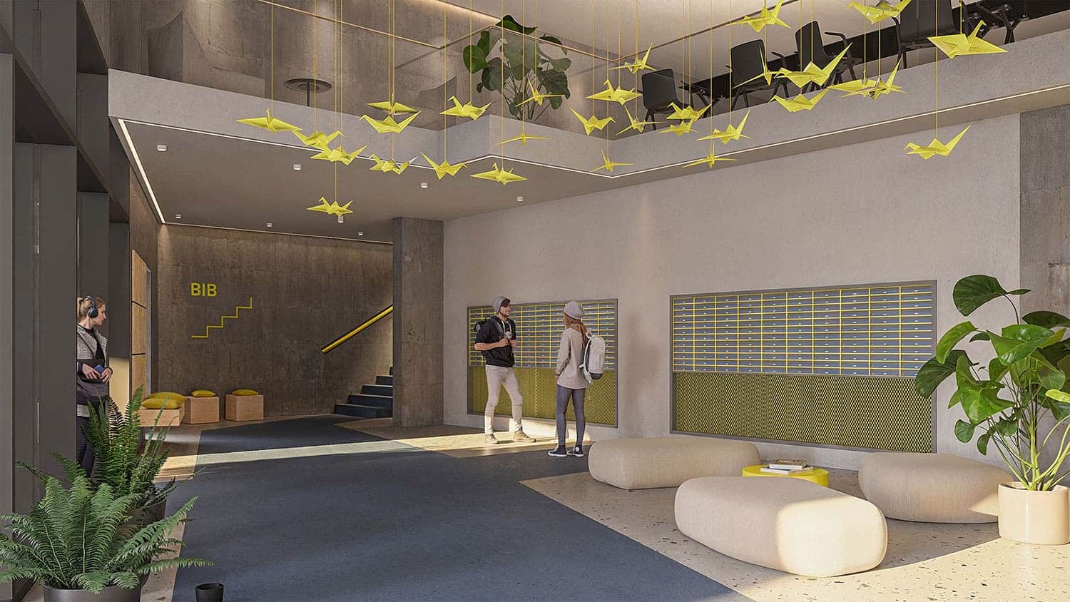 Interior-Visualisierung in 3D von Strawberry Studio – Eingangsbereich eines modernen Studierendenwohnheims