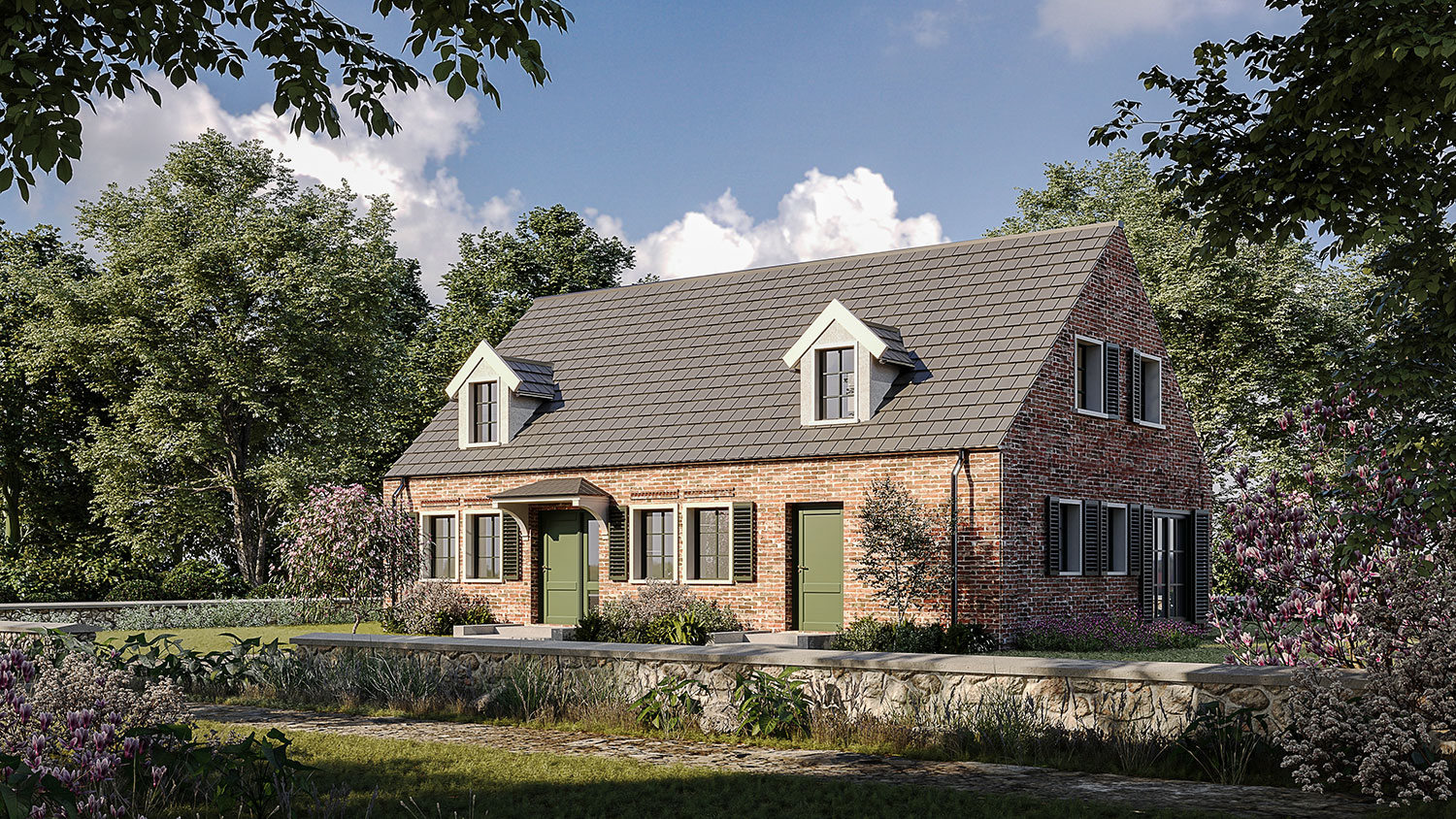 Exterior-Visualisierung in 3D von Strawberry Studio – modernes Einfamilienhaus mit Klinkerfassade in fotorealistischer Darstellung