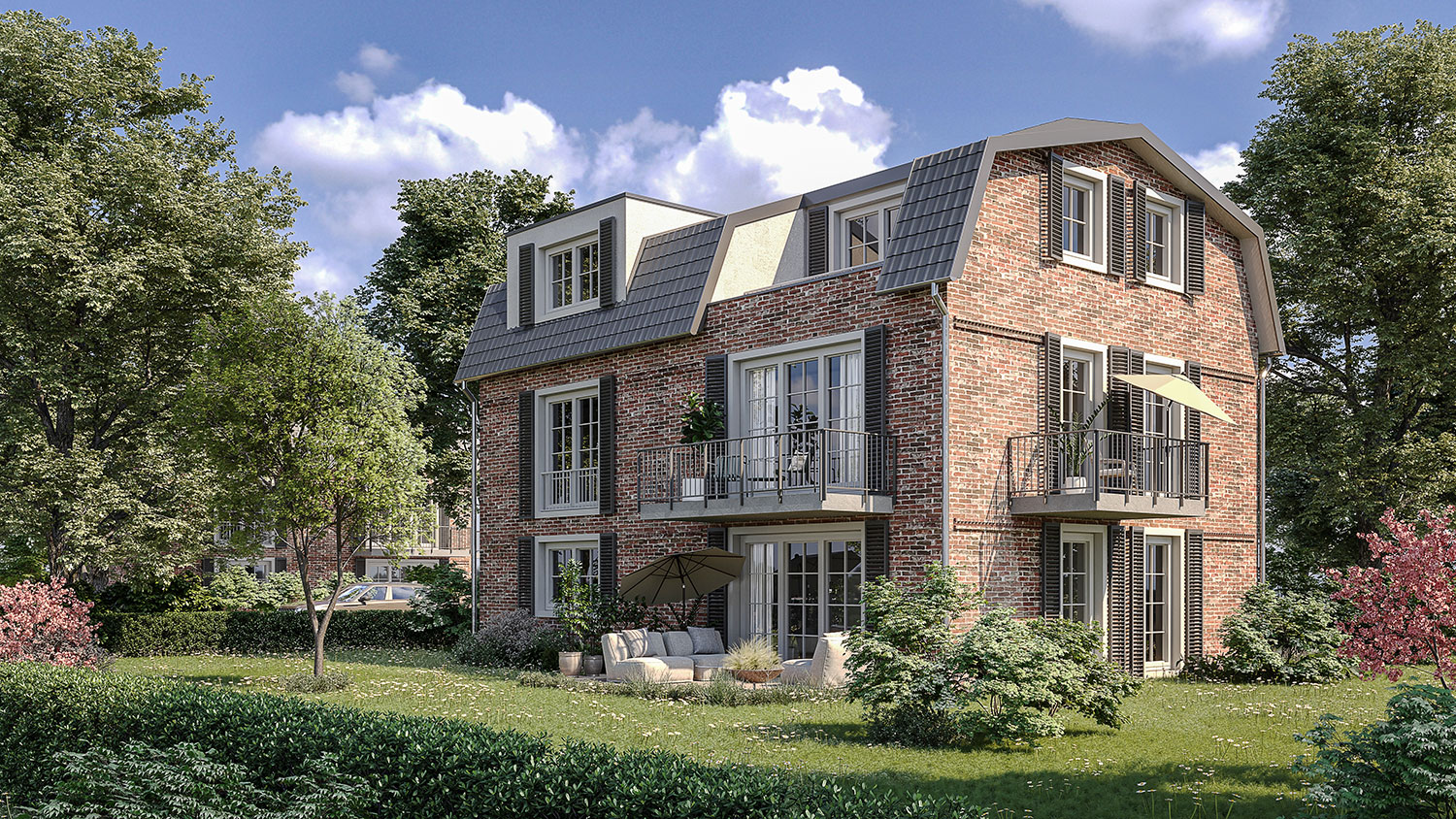 Exterior-Visualisierung in 3D von Strawberry Studio – Mehrfamilienhaus mit Klinkerfassade in fotorealistischer Darstellung