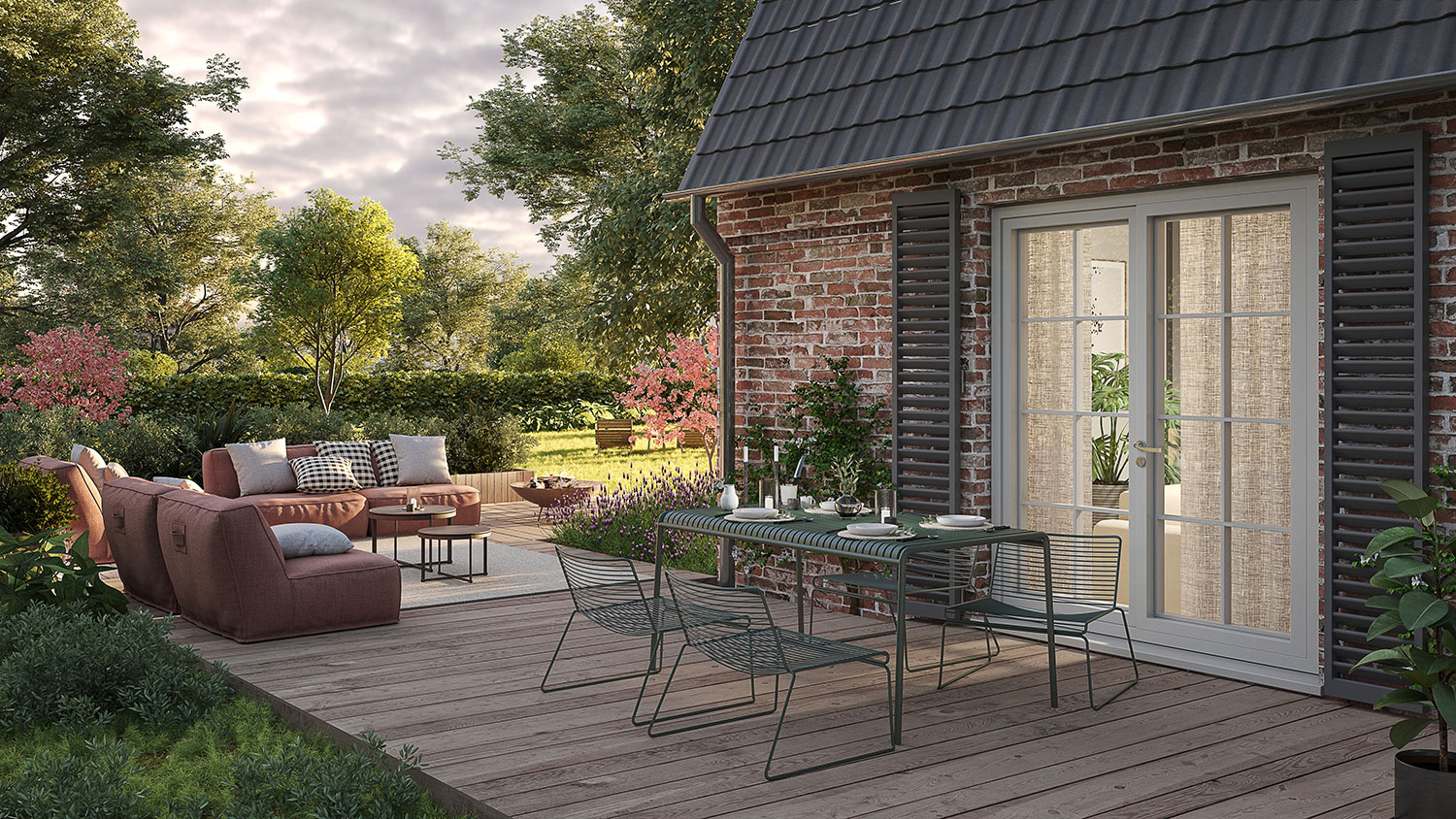 Exterior-Visualisierung in 3D von Strawberry Studio – Mehrfamilienhaus mit Klinkerfassade in fotorealistischer Darstellung