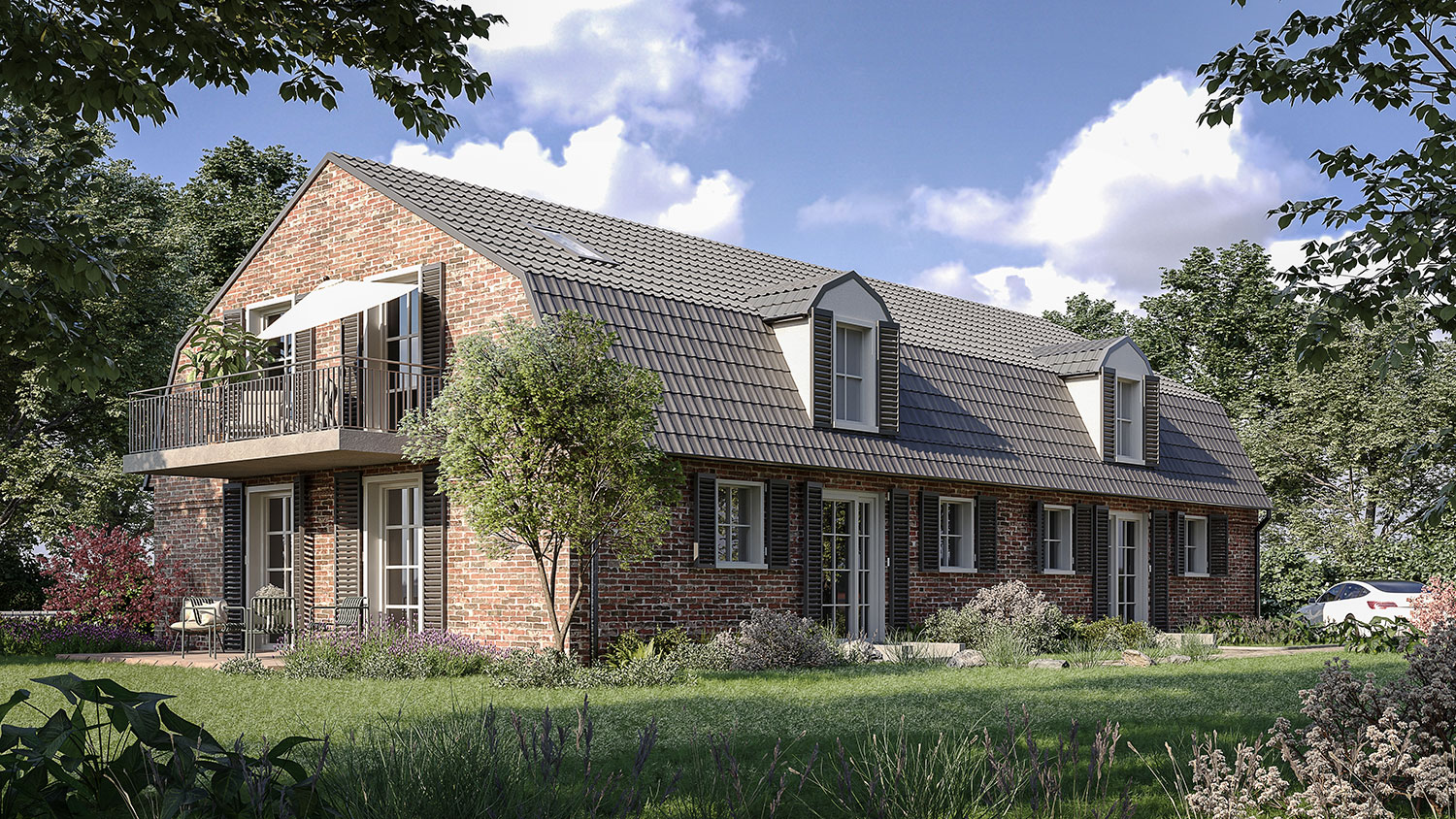 Exterior-Visualisierung in 3D von Strawberry Studio – Mehrfamilienhaus mit Klinkerfassade in fotorealistischer Darstellung