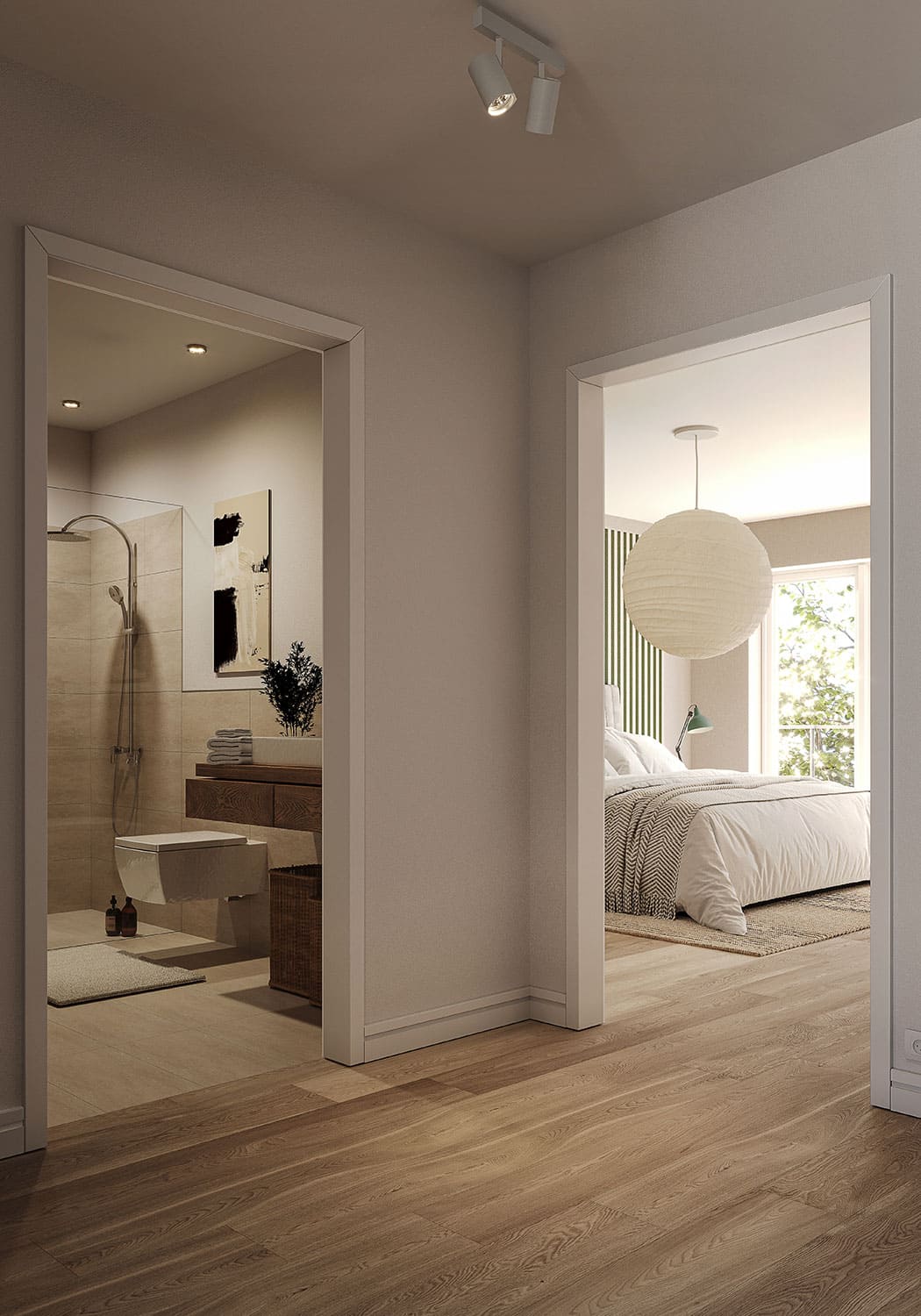 Interior-Visualisierung in 3D von Strawberry Studio – im Anschnitt, modernes Bad und Schlafzimmer in fotorealistischer Darstellung