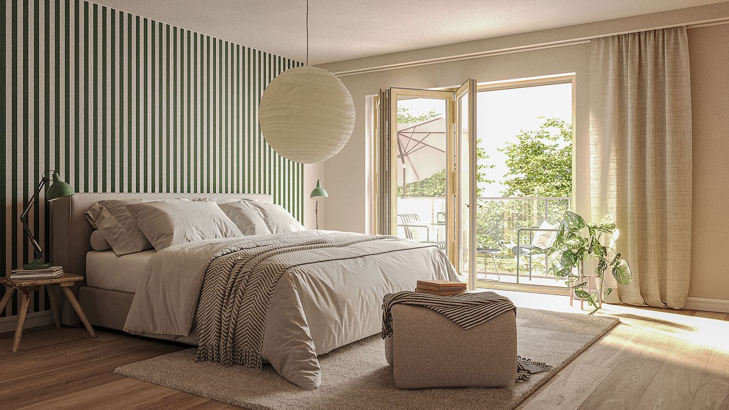 Interior-Visualisierung in 3D von Strawberry Studio – modernes Schlafzimmer in fotorealistischer Darstellung