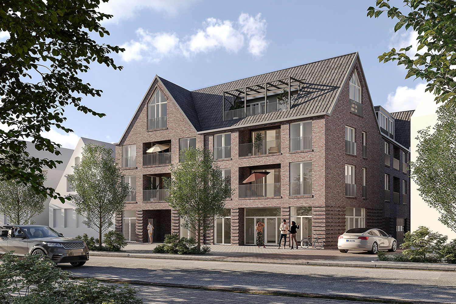 Exterior-Visualisierung in 3D von Strawberry Studio – Mehrfamilienhaus mit Klinkerfassade in fotorealistischer Darstellung