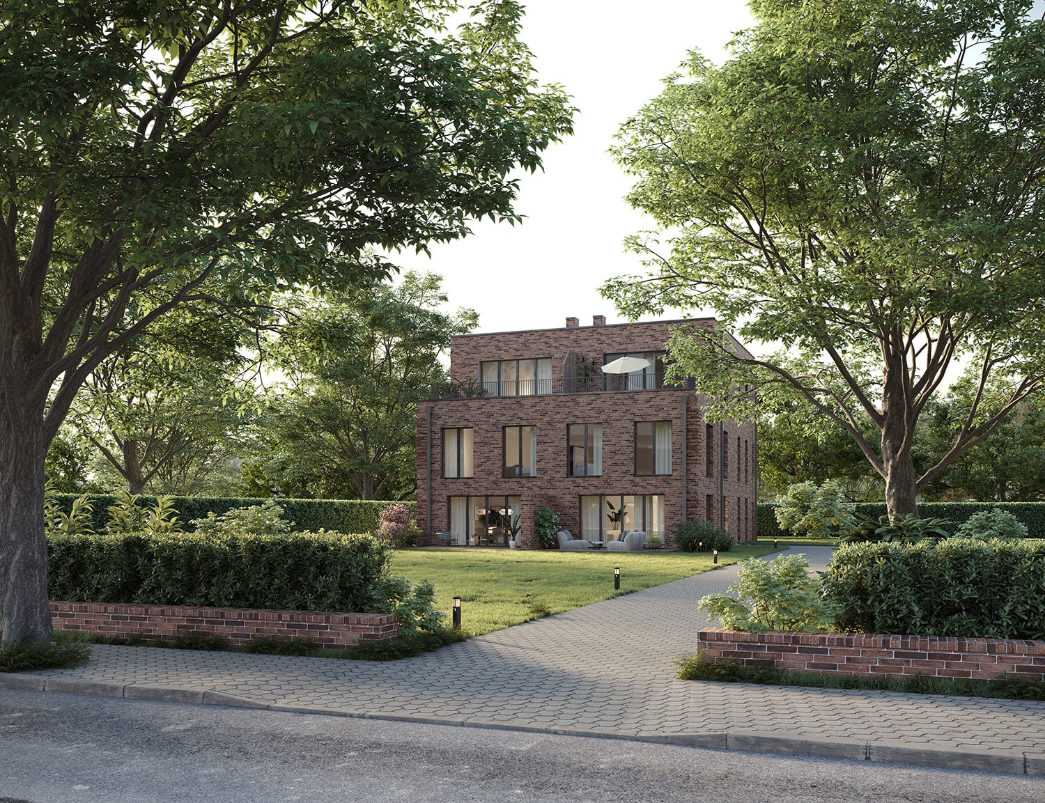 Exterior-Visualisierung in 3D von Strawberry Studio – Mehrfamilienhaus mit Klinkerfassade in fotorealistischer Darstellung