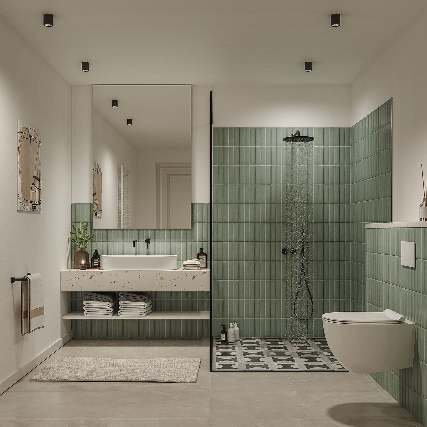 Interior-Visualisierung in 3D von Strawberry Studio – modernes Badezimmer in fotorealistischer Darstellung