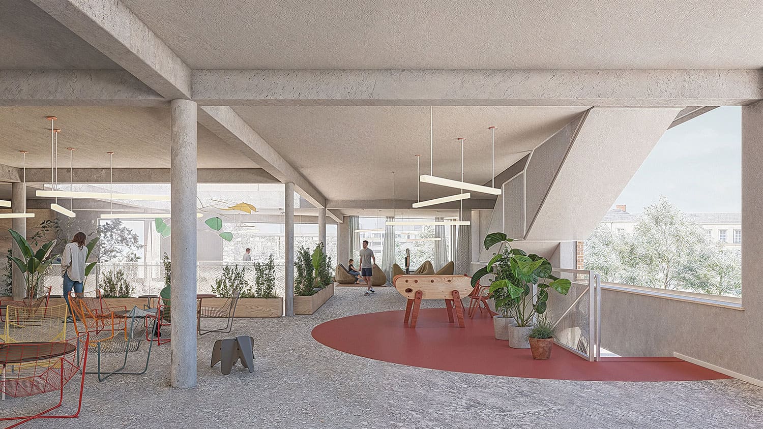 Interior-Visualisierung in 3D von Strawberry Studio – Hobbyraum mit roten Akzenten in einem Bürogebäude als Wettbewerbsbeitrag