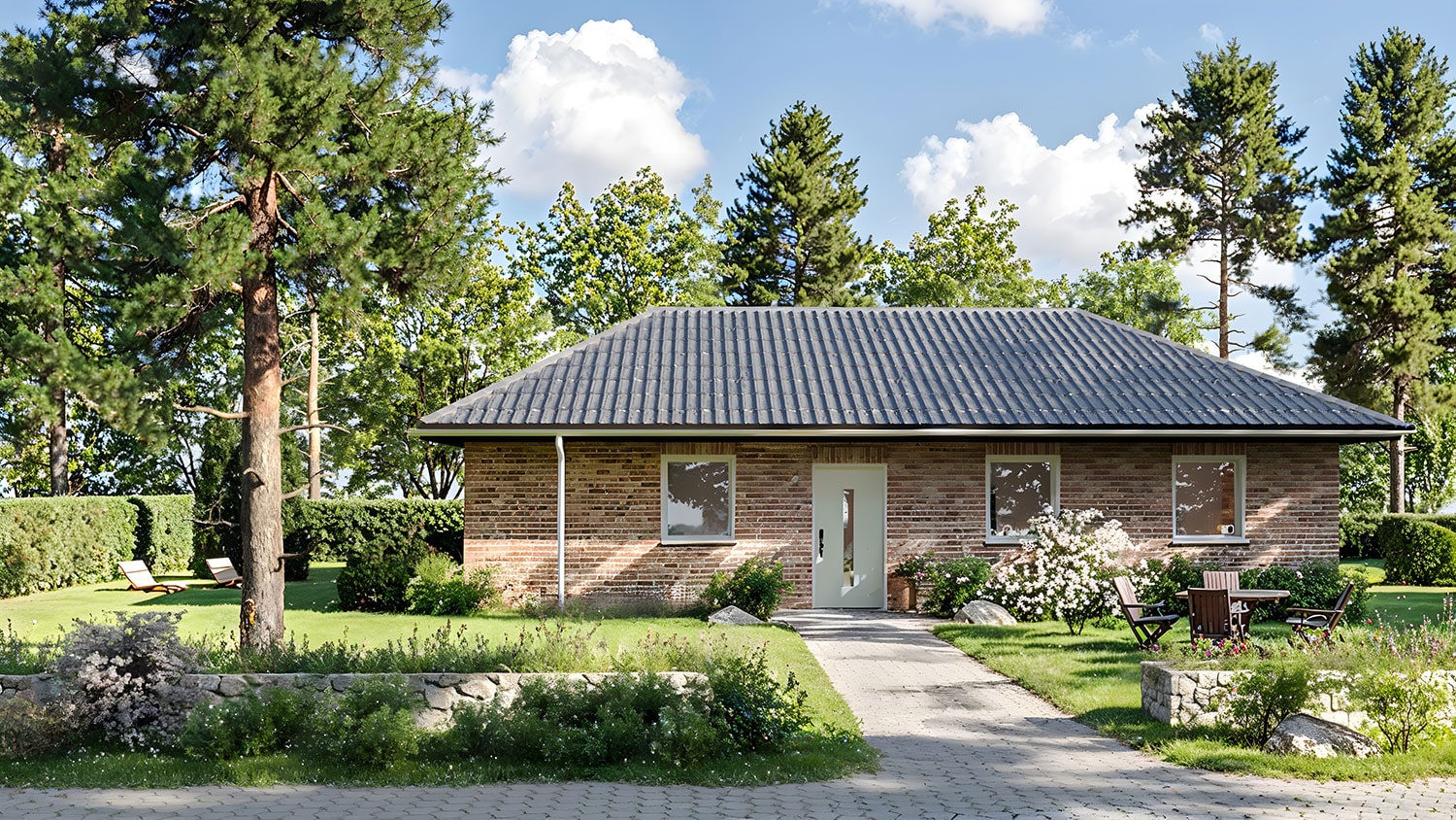 Exterior-Visualisierung in 3D von Strawberry Studio – modernes Einfamilienhaus mit Klinkerfassade in fotorealistischer Darstellung
