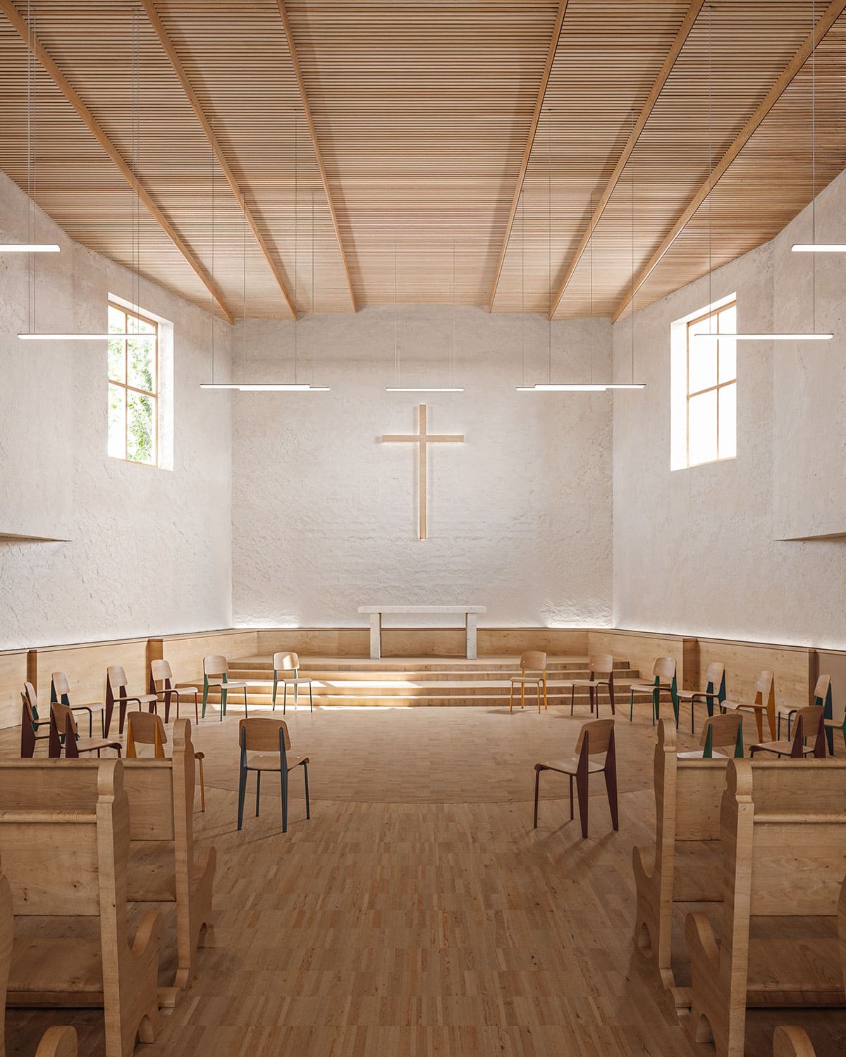 Interior-Visualisierung in 3D von Strawberry Studio – sanierter Kirchenraum mit warmen Holzelementen in fotorealistischer Darstellung
