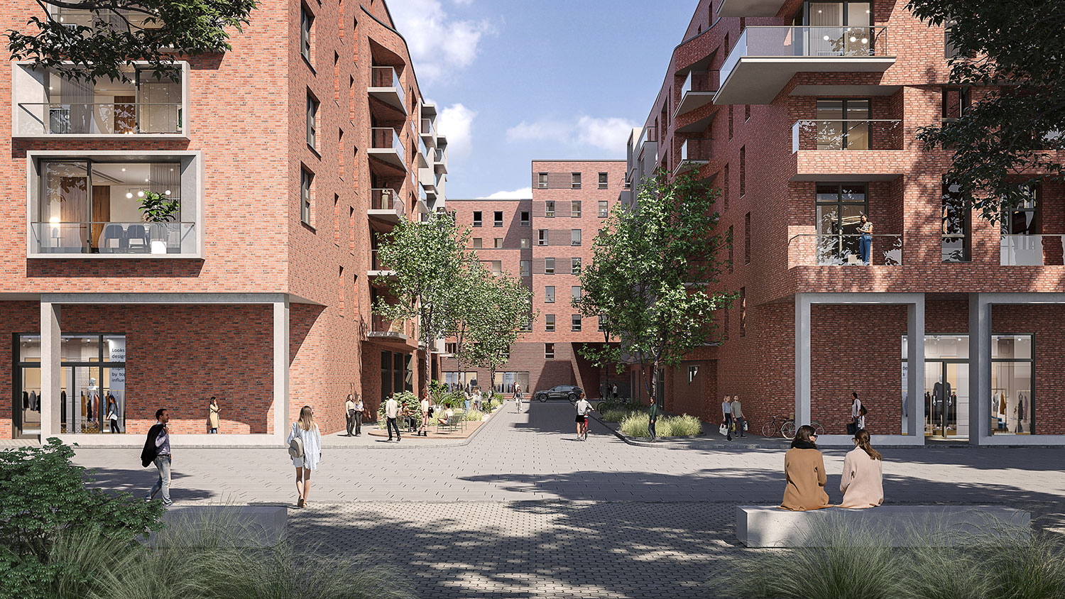 Exterior-Visualisierung in 3D von Strawberry Studio – Erdgeschossnutzungen im Neubauquartier mit Fokus auf Durchwegung und Aufenthaltsqualität