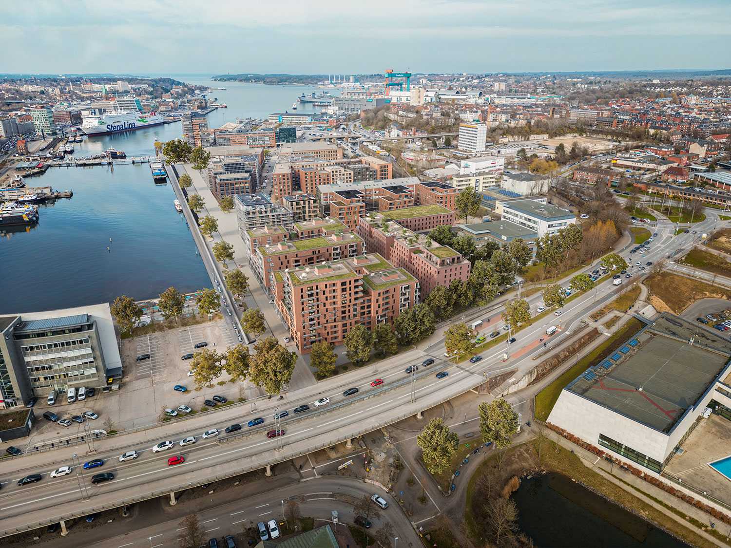 Exterior-Visualisierung in 3D von Strawberry Studio – Kieler Neubauquartier aus der Vogelperspektive in fotorealistischer Darstellung