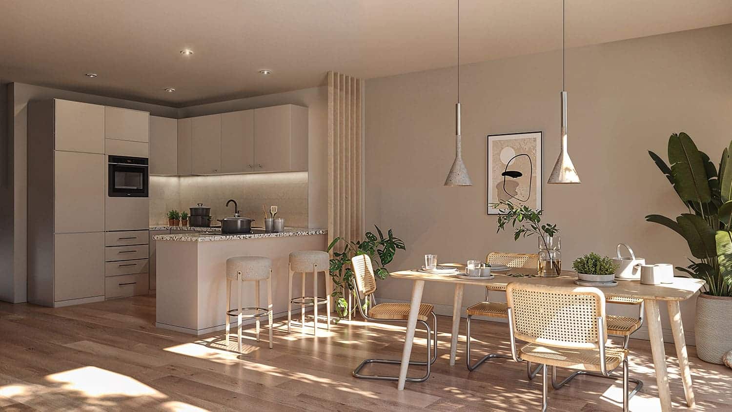 Interior-Visualisierung in 3D von Strawberry Studio – moderne Wohnküche in fotorealistischer Darstellung