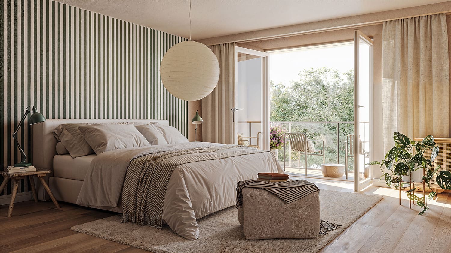 Interior-Visualisierung in 3D von Strawberry Studio – modernes Schlafzimmer in fotorealistischer Darstellung