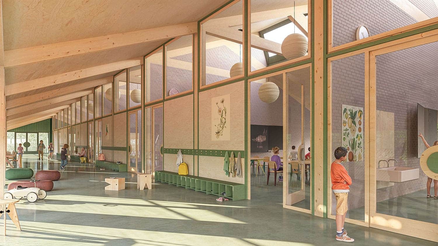 Interior-Visualisierung in 3D von Strawberry Studio – Flur und Klassenraum für einen Schulwettbewerb in der Schweiz