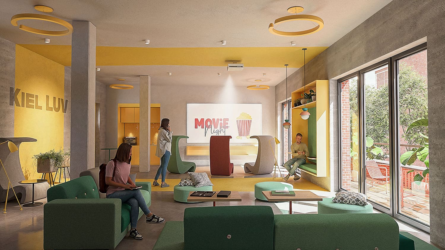 nterior-Visualisierung in 3D von Strawberry Studio – gemütlicher Kinoraum in einem Studierendenwohnheim in fotorealistischer Darstellung