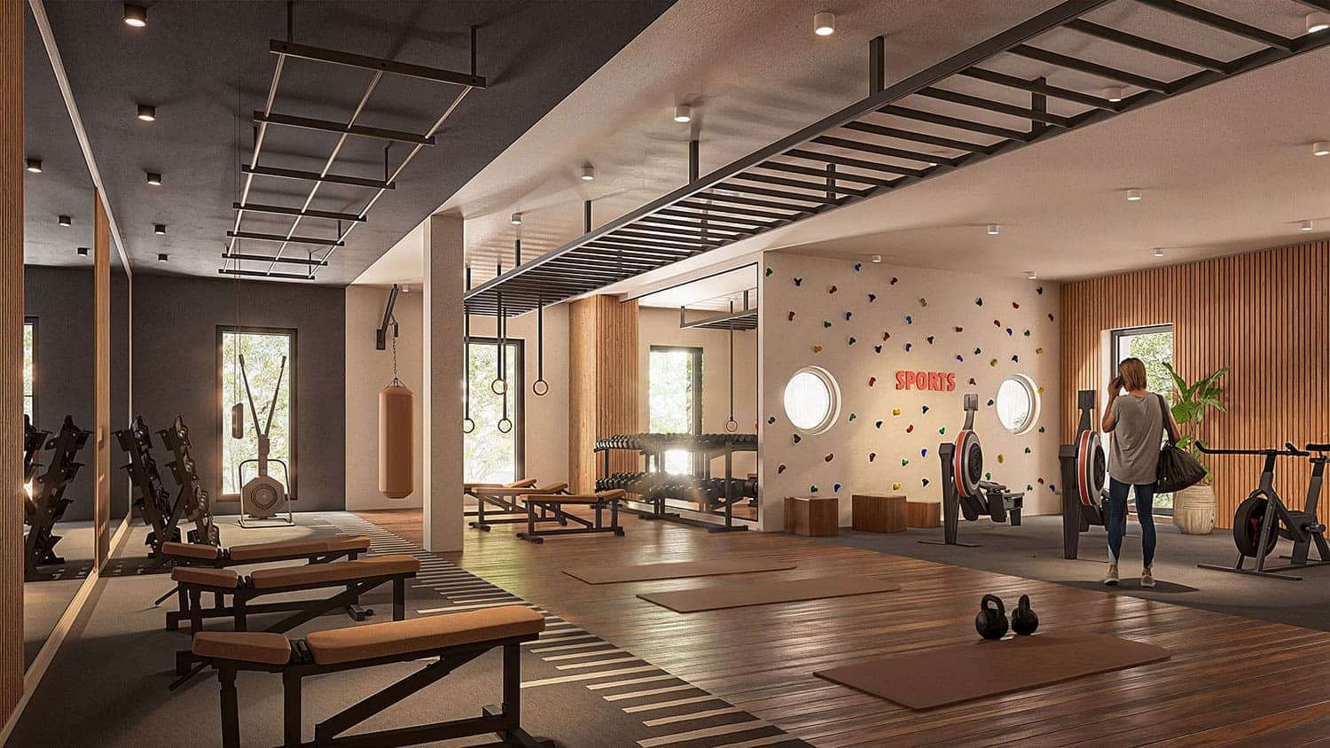 Interior-Visualisierung in 3D von Strawberry Studio – modernes Fitnessstudio in einem Studierendenwohnheim in fotorealistischer Darstellung