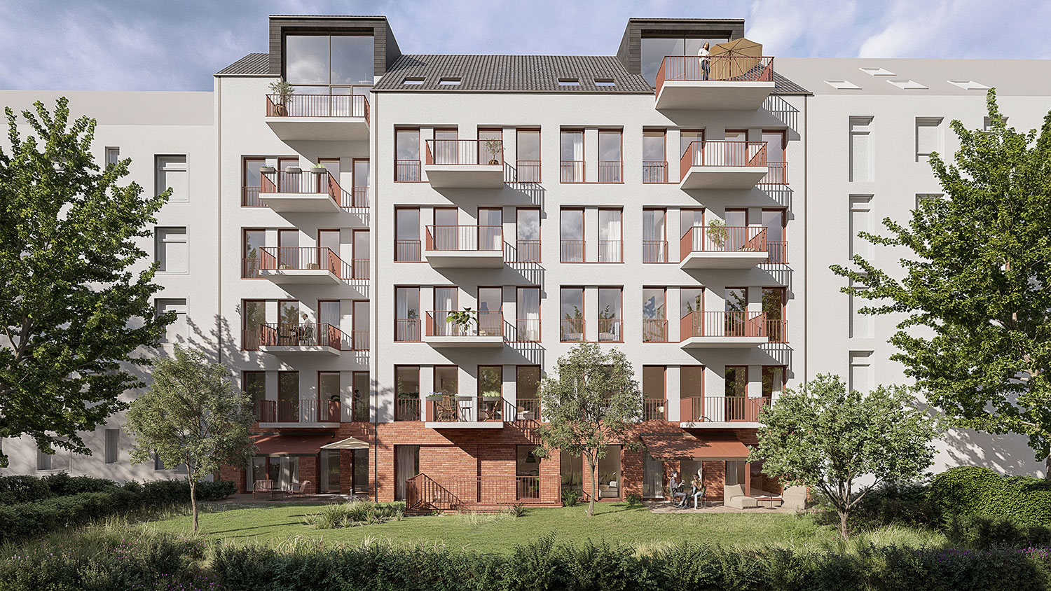 Exterior-Visualisierung in 3D von Strawberry Studio – Gartenseite eines Mehrfamilienhaus in fotorealistischer Darstellung