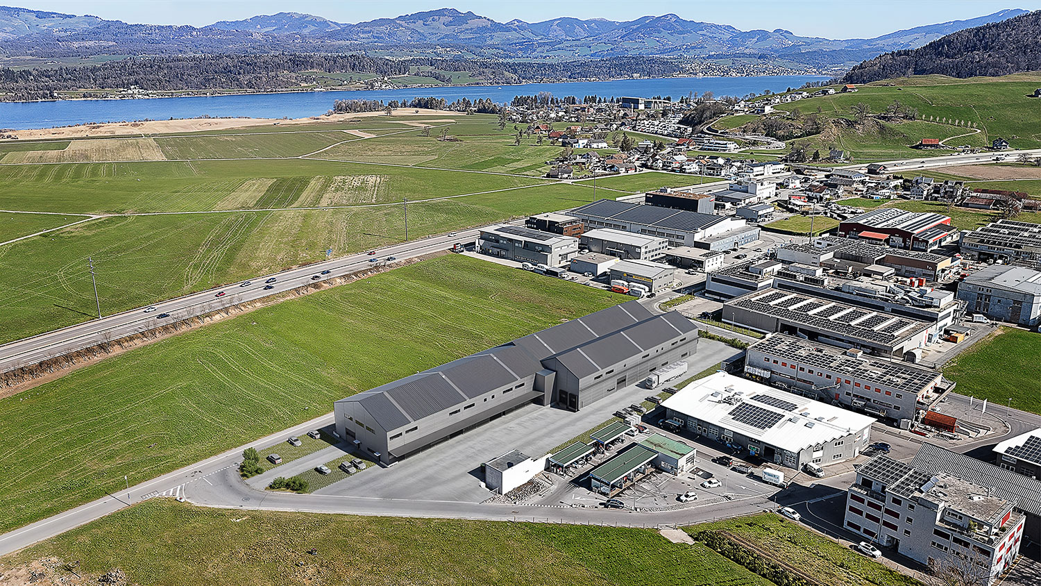 Exterior-Visualisierung in 3D von Strawberry Studio – funktionale Lagerhalle in der Schweiz in fotorealistischer Darstellung