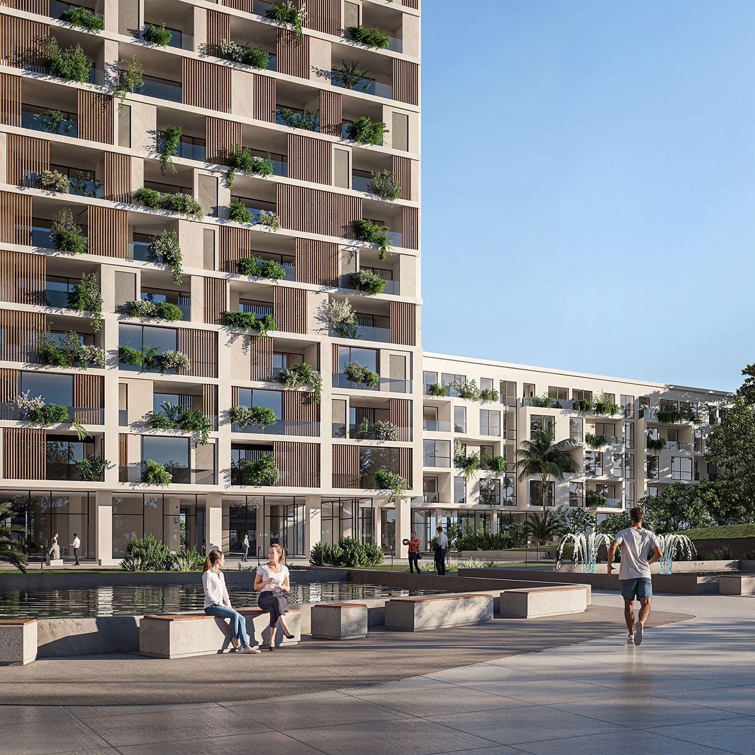 Exterior-Visualisierung in 3D von Strawberry Studio – urbanes Wohnhochhaus in Mailand in fotorealistischer Darstellung