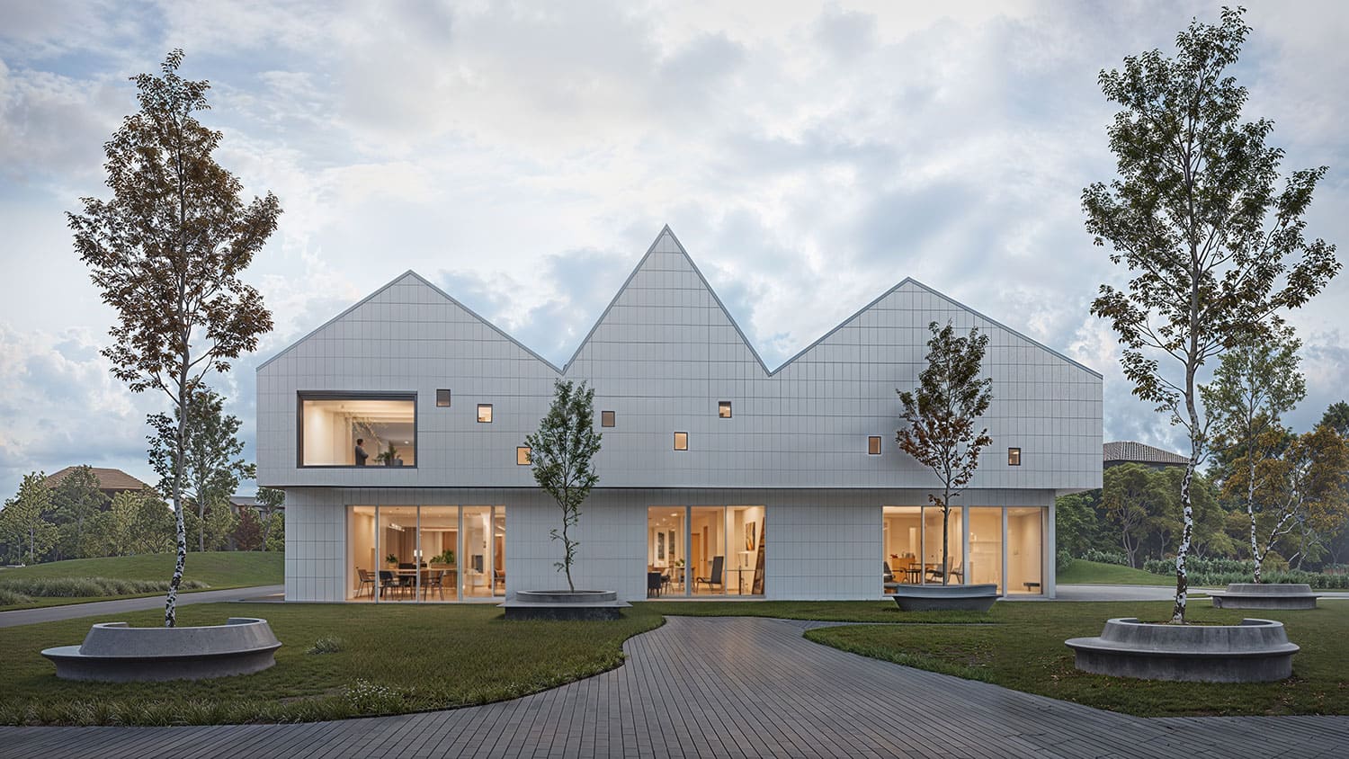 Exterior-Visualisierung in 3D von Strawberry Studio – moderne Bibliothek mit architektonischem Charakter in fotorealistischer Darstellung