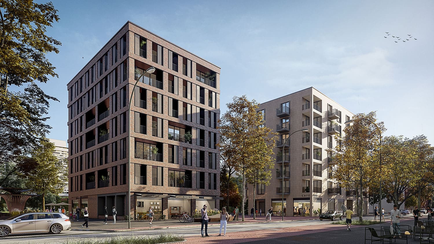 Exterior-Visualisierung in 3D von Strawberry Studio – Mehrfamilienhaus mit Klinkerfassade in fotorealistischer Darstellung