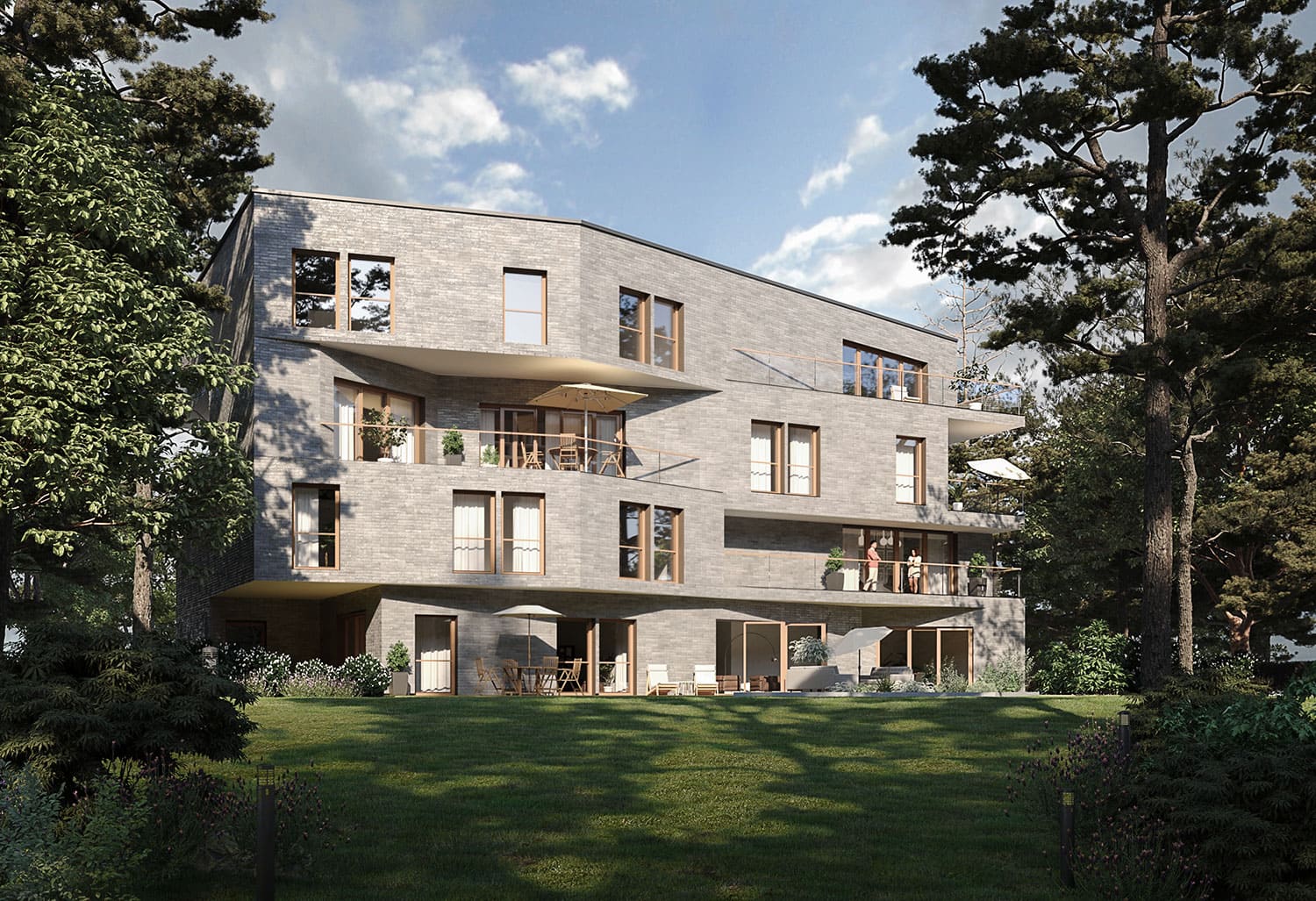 Exterior-Visualisierung in 3D von Strawberry Studio – Mehrfamilienhaus mit Klinkerfassade in fotorealistischer Darstellung