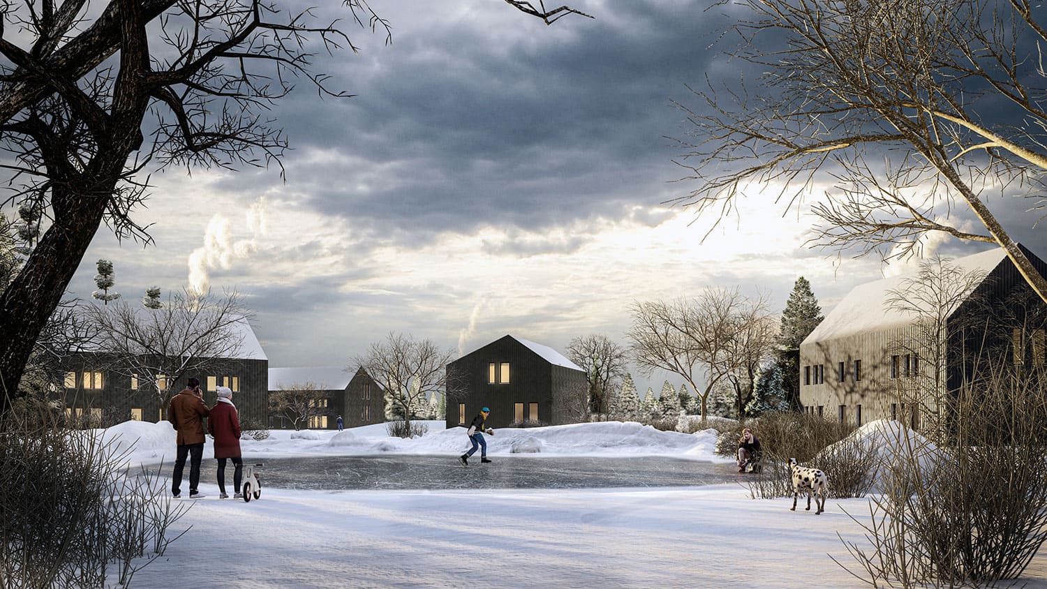 Exterior-Visualisierung in 3D von Strawberry Studio – Wohnquartier im Winter mit verschneiter Landschaft und gefrorenem See als Wettbewerbsbeitrag