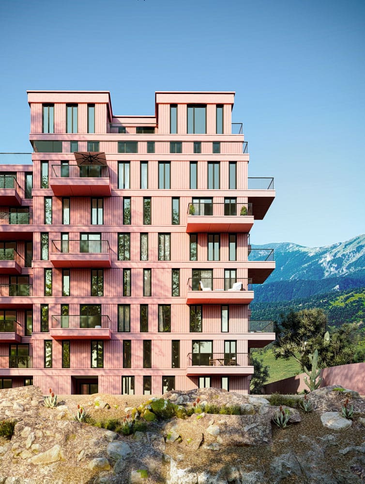 Exterior-Visualisierung in 3D von Strawberry Studio – modernes Bürogebäude in den Bergen in fotorealistischer Darstellung